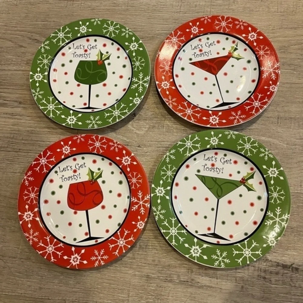 222 Fifth Let’s Get Toasty Christmas Holiday Appetizer Plates 6.25” Set 4